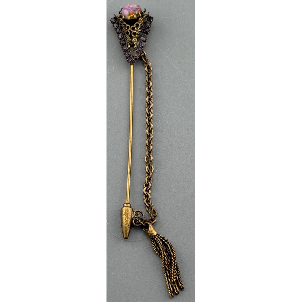 Vintage Hobé Stick Pin Faux Opal Purple Rhinestones Tassel Chain Signed 5"